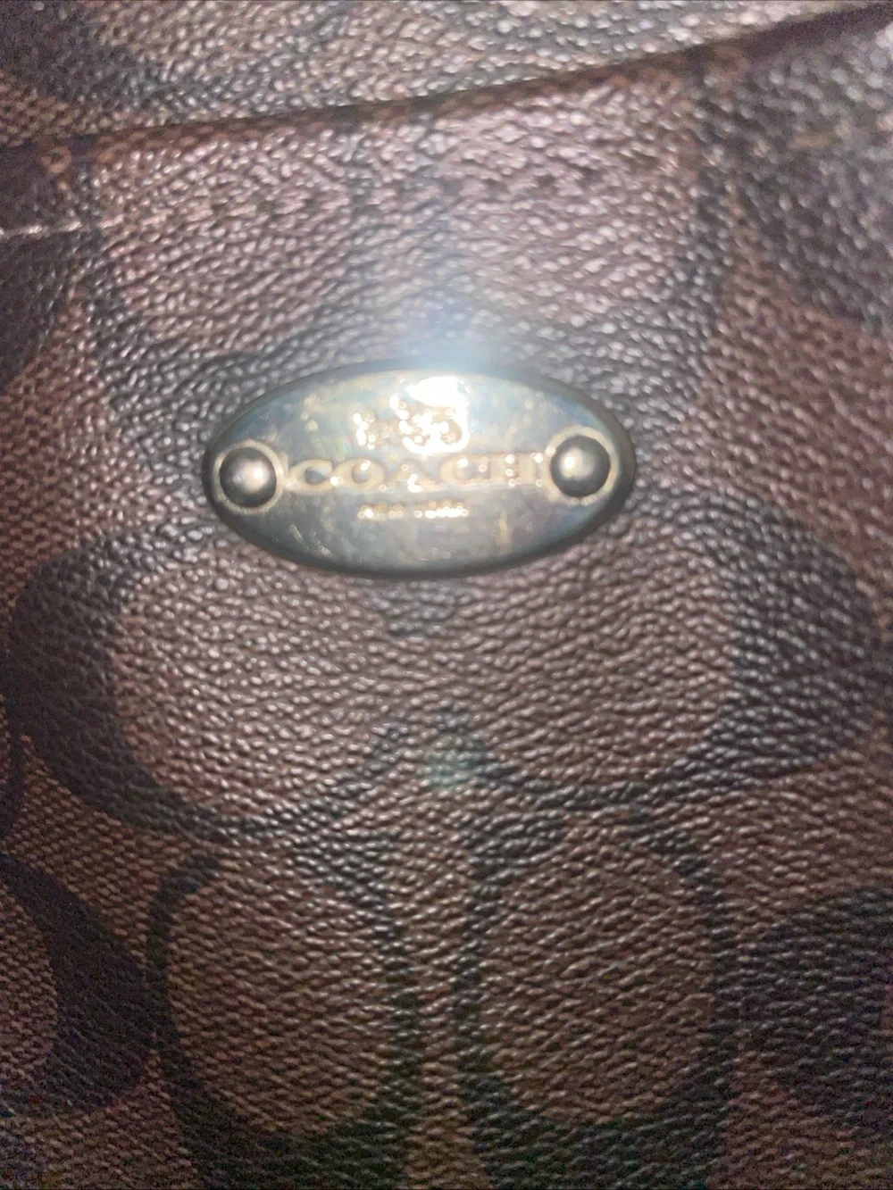 Coach Dark Brown Signature Tote with Black Leather Straps